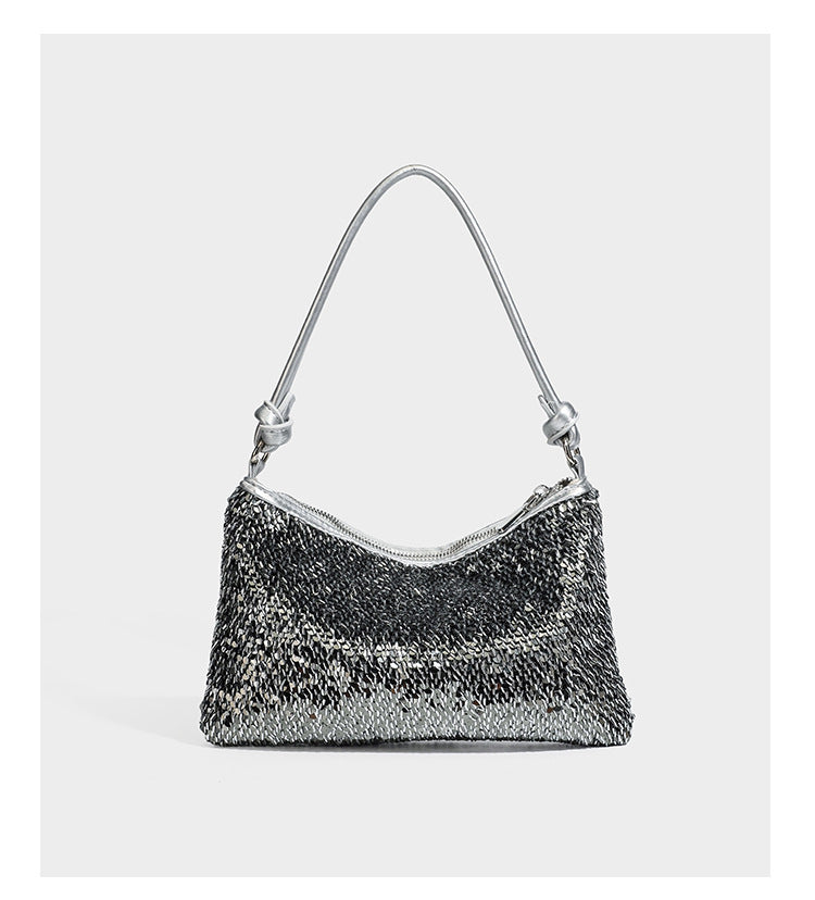 Small sequin hobo shoulder bag with knotted strap and zip closure, detail view 15