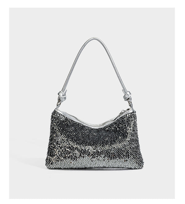 Small sequin hobo shoulder bag with knotted strap and zip closure, detail view 15