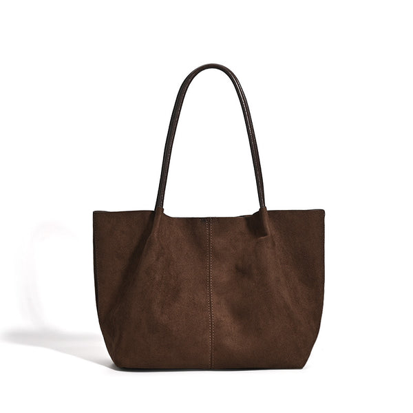 Large open-top suede-finish tote bag with slim shoulder straps in dark brown, detail view 5