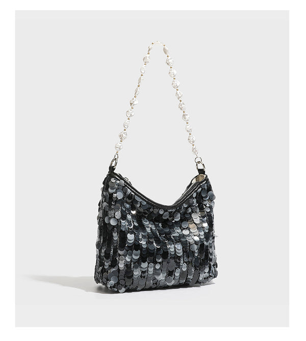 Small crescent sequin shoulder bag with pearl beaded strap and zip closure, detail view 18