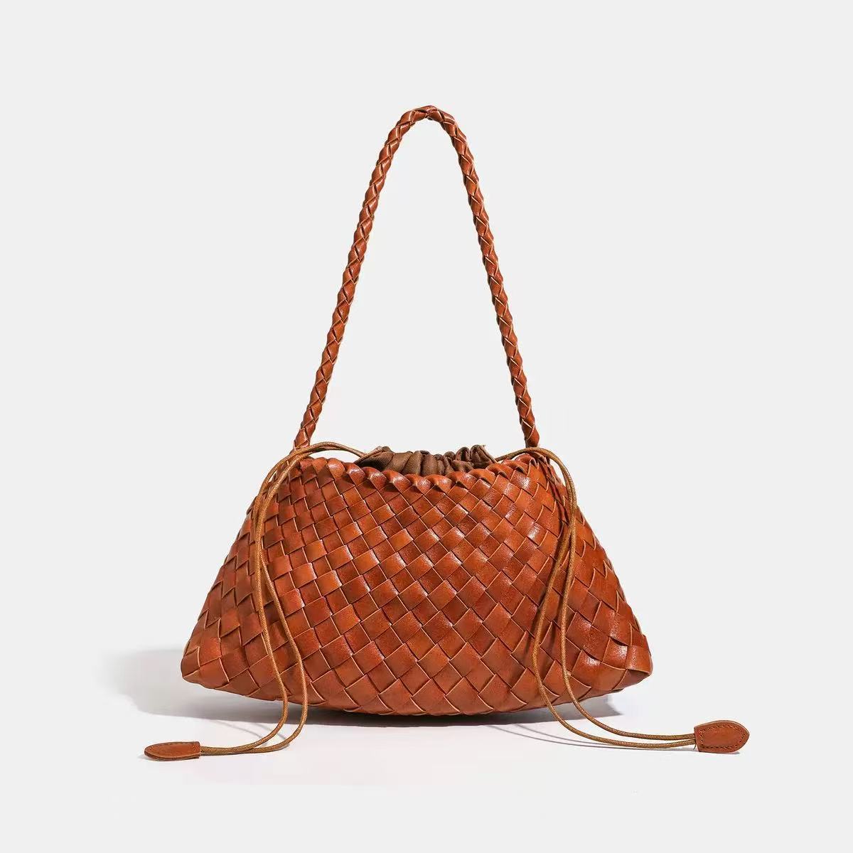 Dark brown hand-woven leather-look hobo shoulder bag with braided strap and drawstring closure, detail view 17