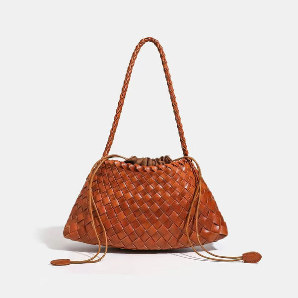 Dark brown hand-woven leather-look hobo shoulder bag with braided strap and drawstring closure, detail view 17