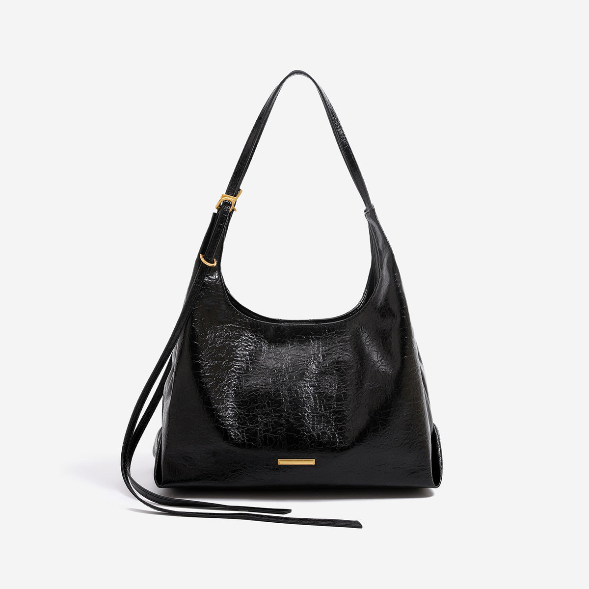 Slouchy hobo shoulder bag in crinkle high-gloss leather-look finish with gold-tone bar hardware and adjustable strap, detail