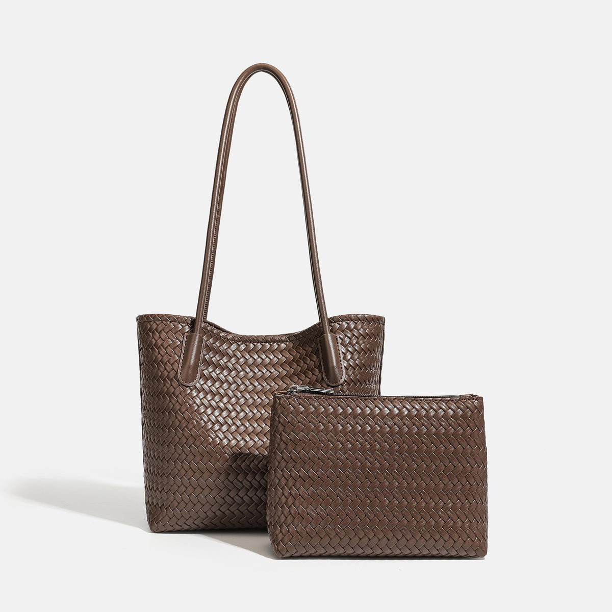 Structured woven leather-look tote bag with long shoulder straps and matching zippered pouch, detail view 6