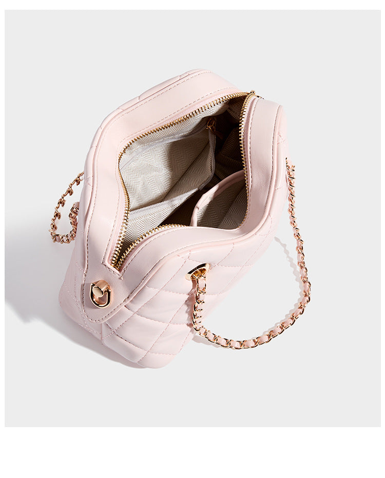 Diamond-quilted mini shoulder bag with gold-tone chain strap and top zip closure, detail view 14