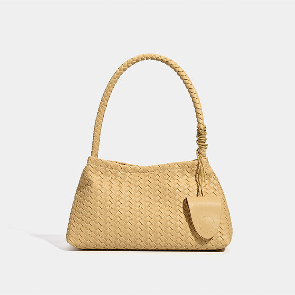Woven leather-look shoulder bag with braided strap, trapezoidal body, and matching zip pouch, detail view 10
