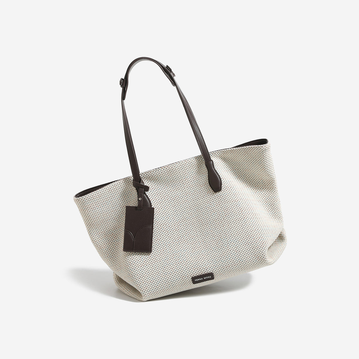 Cream woven tote bag with dark brown leather-look shoulder straps and detachable hanging tag, front view