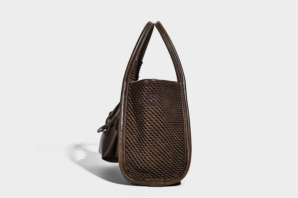 Large structured woven rope-texture tote bag with smooth leather-look trim, knotted dual top handles, detachable mini front