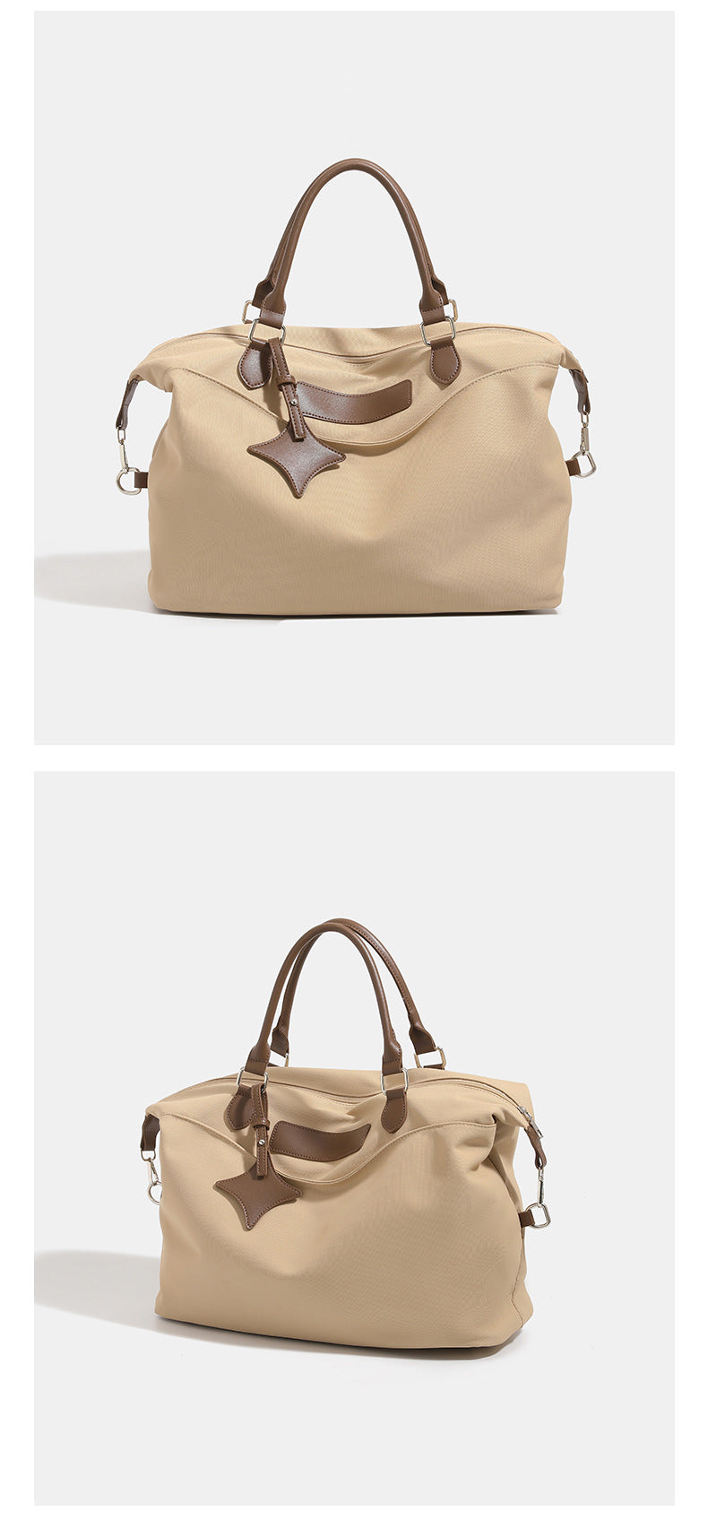 Large slouchy nylon tote bag with brown leather-look handles, double-pull zip closure, and star charm detail, detail view 11