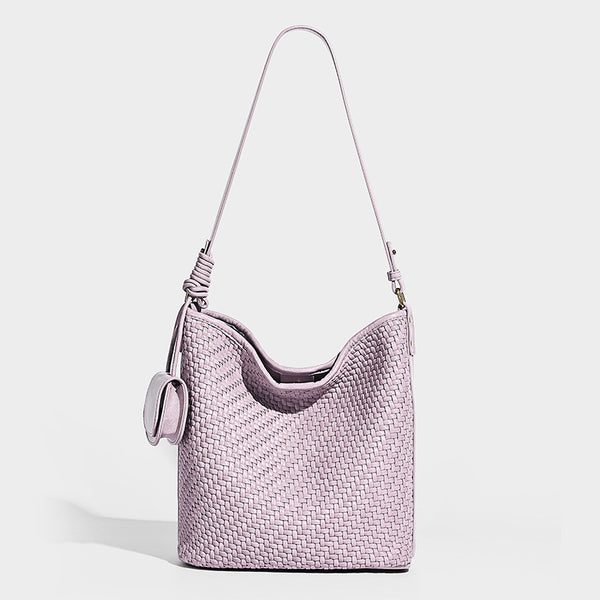 Lässige, geflochtene Bucket-Hobo-Schultertasche in Pink mit abnehmbarem Mini-Etui und goldfarbenen Metalldetails, Detailansicht 14