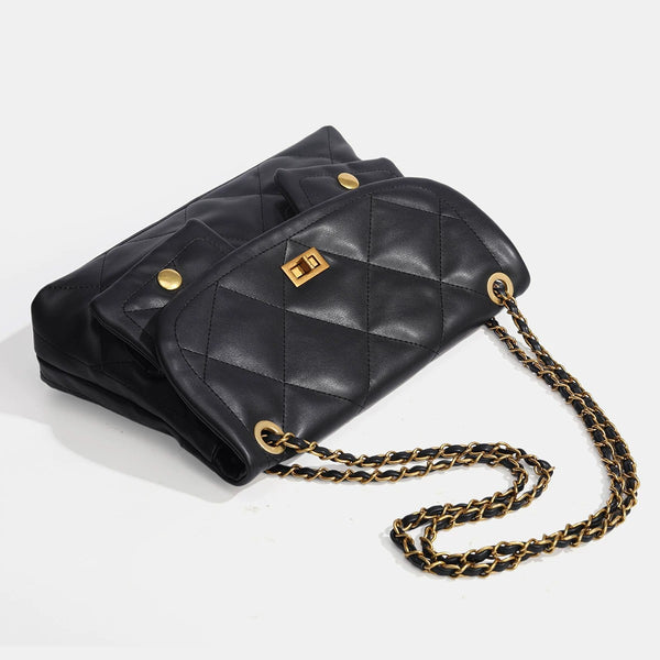 Quilted diamond flap shoulder bag with gold-tone chain strap and twist-lock closure, detail view 4