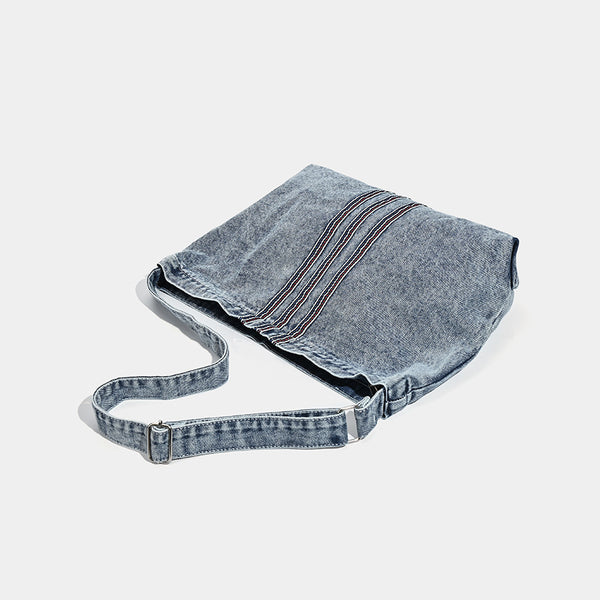 Oversized washed denim hobo shoulder bag with contrast stripe stitching and wide adjustable strap, detail view 4