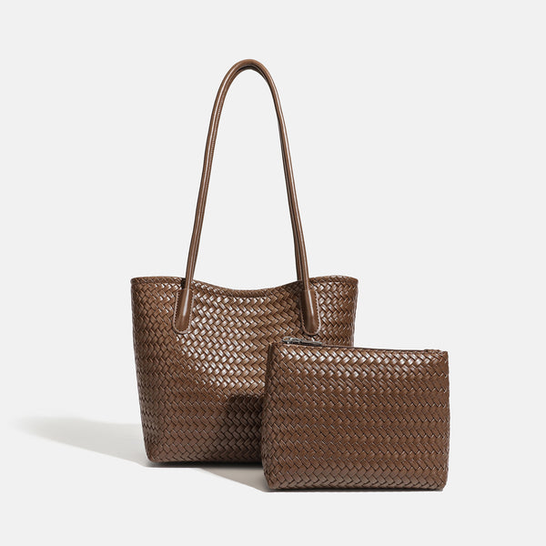 Structured woven leather-look tote bag with long shoulder straps and matching zippered pouch, detail view 10
