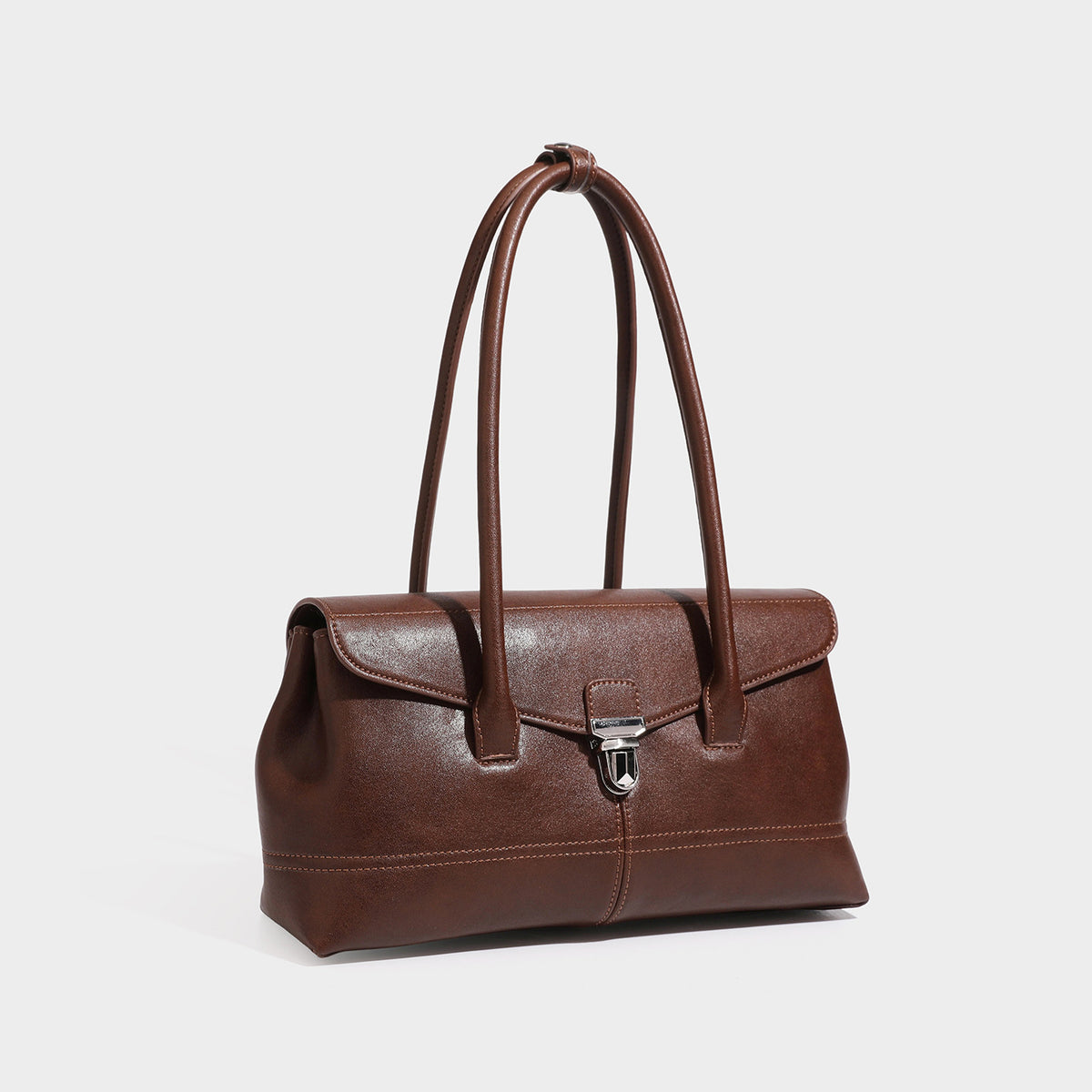 Structured rectangular satchel bag with dual rounded top handles and central metal turn-lock flap closure, front view
