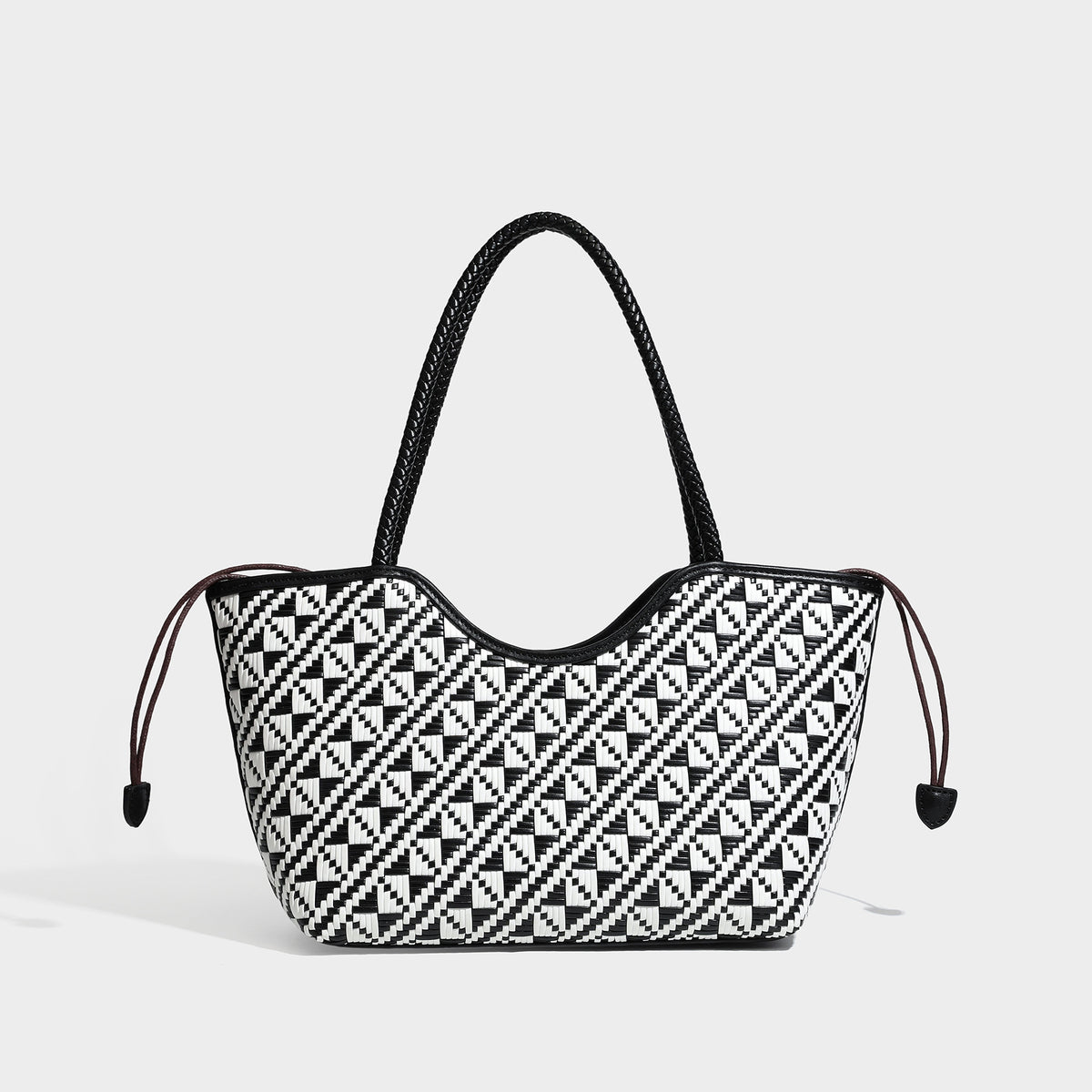 Woven geometric two-tone tote bag with braided shoulder straps and leather-look trim, detail view 6