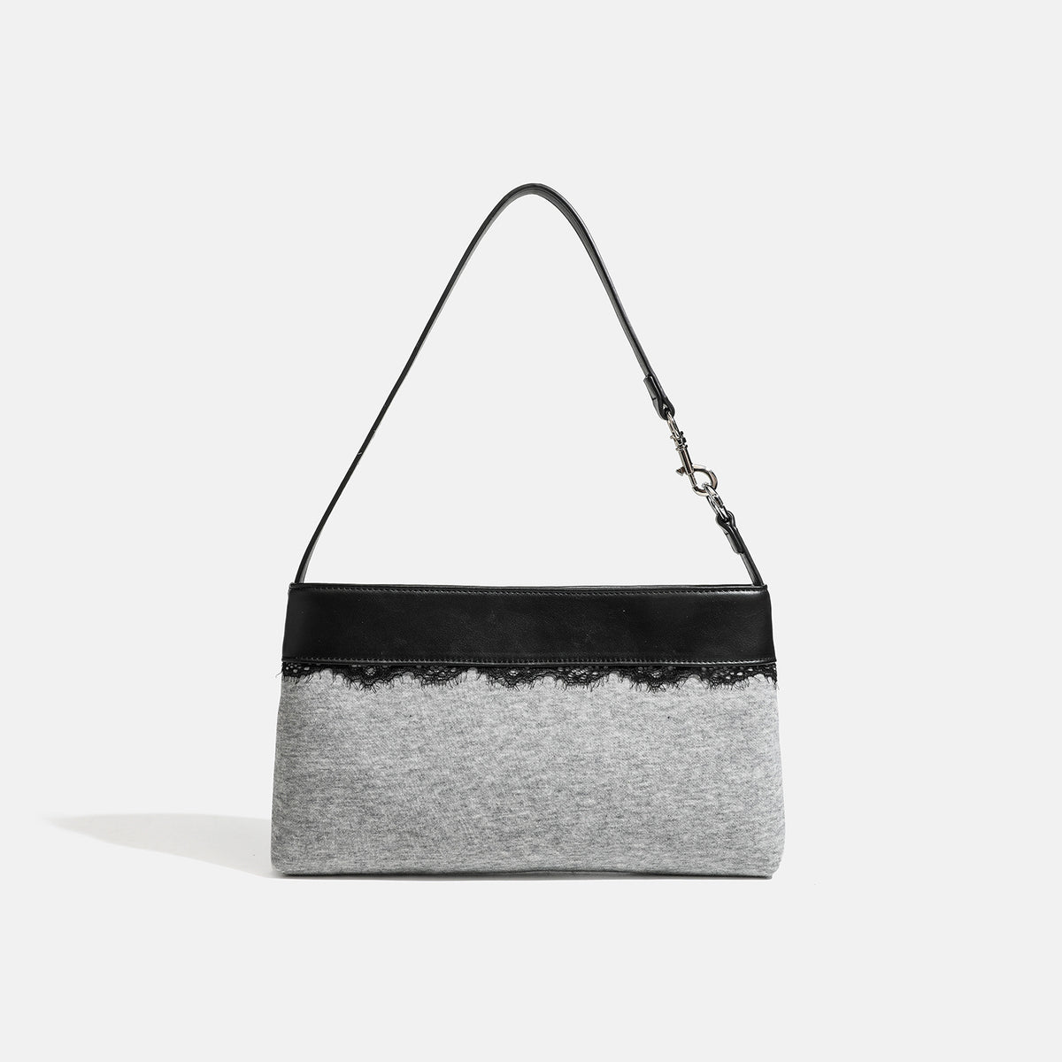 Compact gray textile shoulder bag with lace trim and smooth leather-look strap, detail view 7
