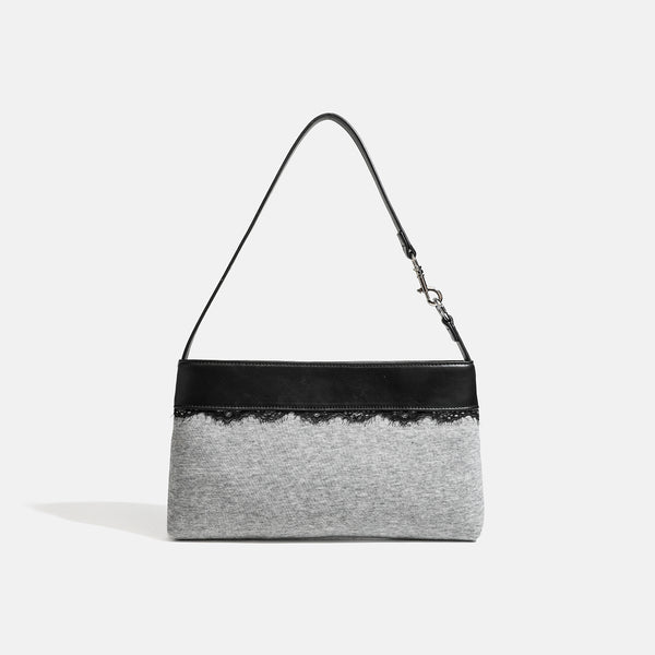 Compact gray textile shoulder bag with lace trim and smooth leather-look strap, detail view 7