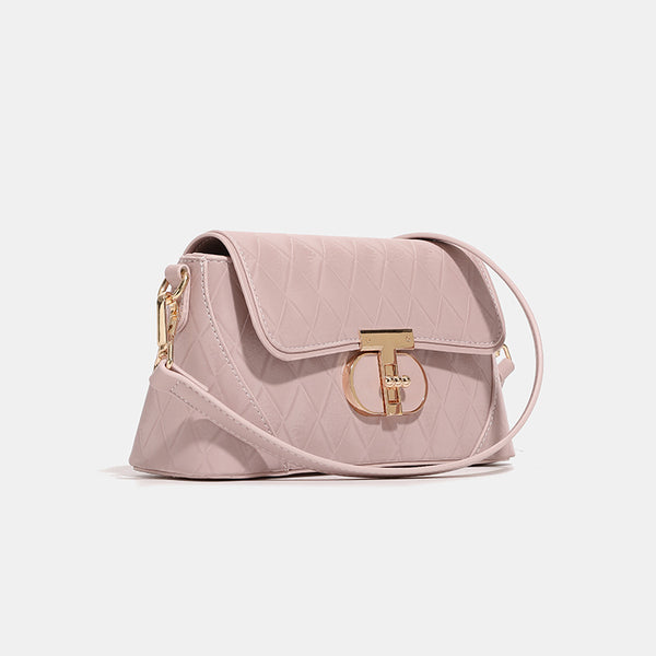 Small structured diamond-quilted flap bag with gold-tone turn-lock closure, chain shoulder strap, and cylindrical top handle