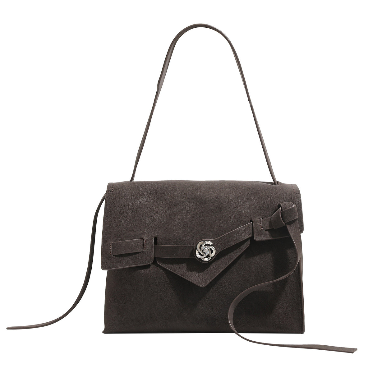 Strukturierte, rechteckige Satchel-Tasche mit Klappe, floralem Metall-Drehverschluss und verstellbarem Crossbody-Riemen aus mattem, strukturiertem