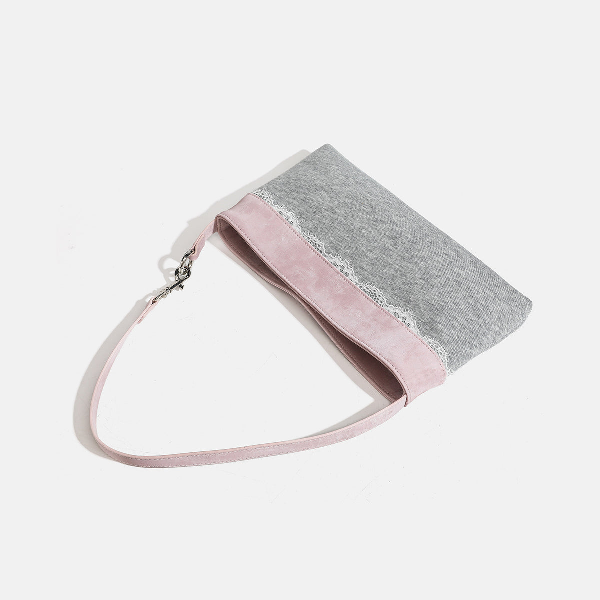 Compact gray textile shoulder bag with lace trim and smooth leather-look strap, detail view 4