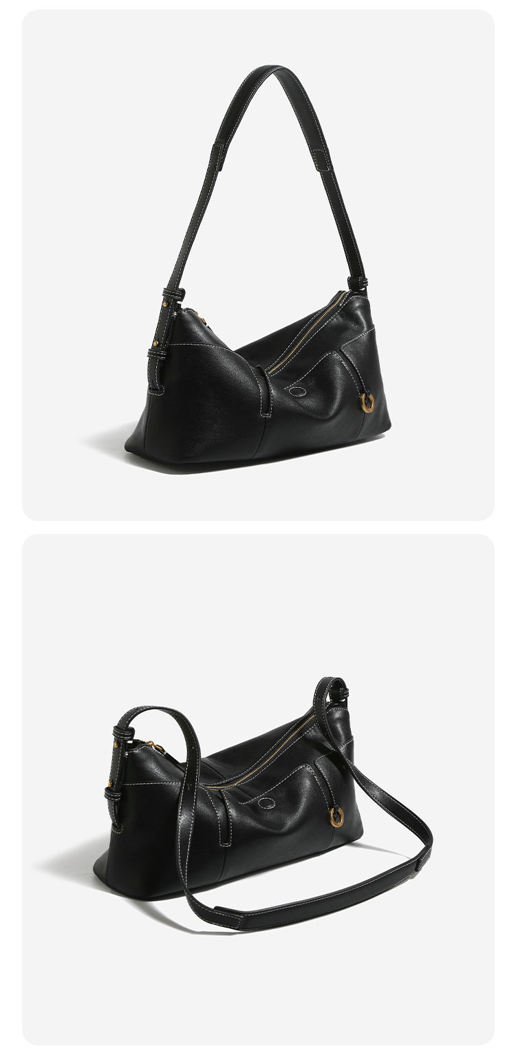 Slouchy hobo shoulder bag in smooth leather-look finish with zip closure and antique brass ring hardware, detail view 9