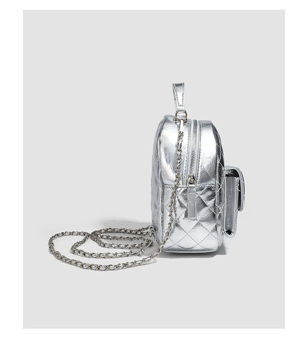 Quilted leather-look backpack purse with chain strap and turn-lock front pocket, detail view 14