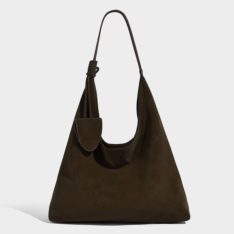 Slouchy oversized matte suede-look shoulder tote bag with knotted strap and attached front flap pouch, detail view 3