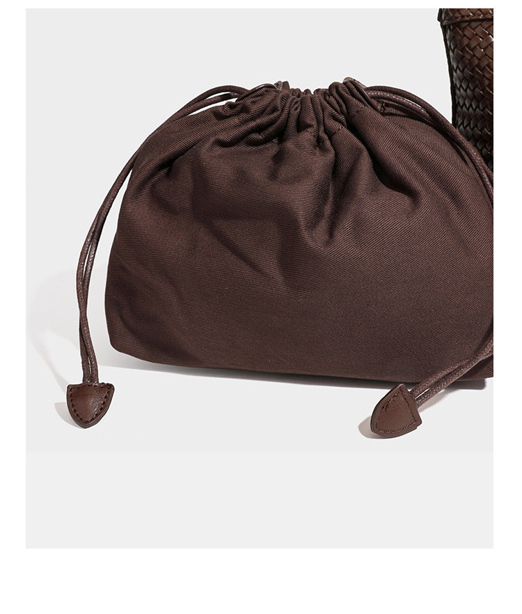 Structured woven leather-look tote bag in dark brown with long shoulder straps, side drawstring ties, and gold filigree