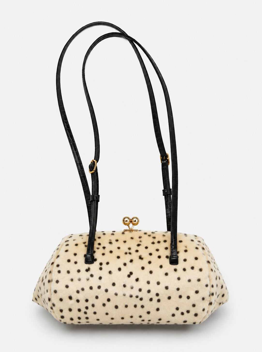 Spotted faux-fur barrel shoulder bag with gold kiss-lock clasp and black adjustable leather-look straps, detail view 13