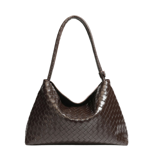 Slouchy woven leather-look hobo shoulder bag with braided strap and open top, detail view 5