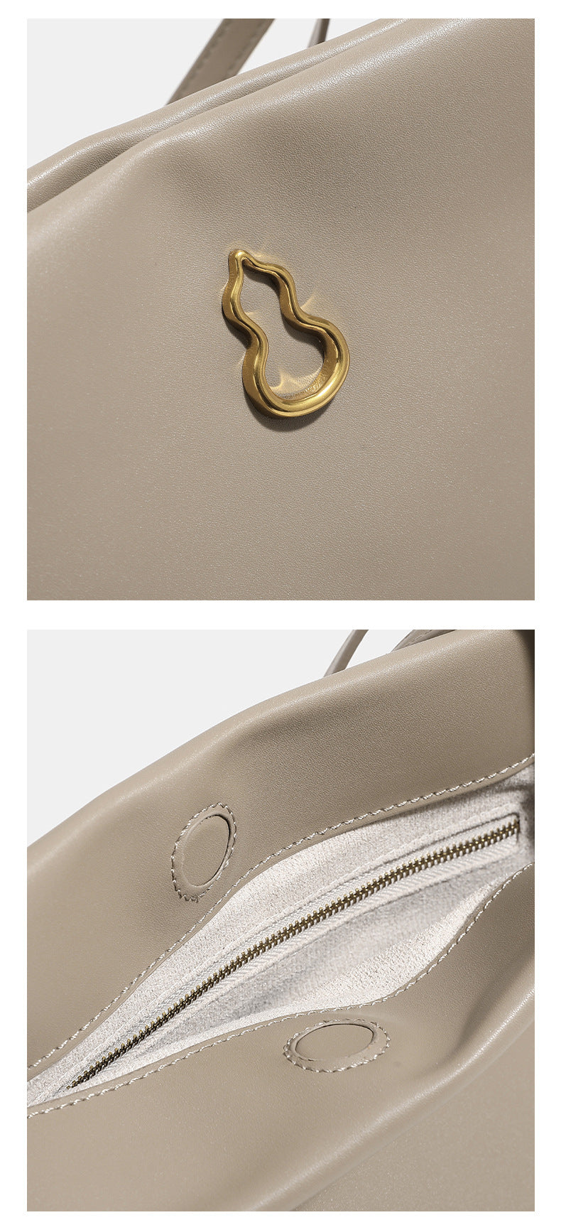 Smooth leather-look slouchy trapezoid shoulder tote with gold-tone gourd clasp hardware and long slim straps, detail view 10