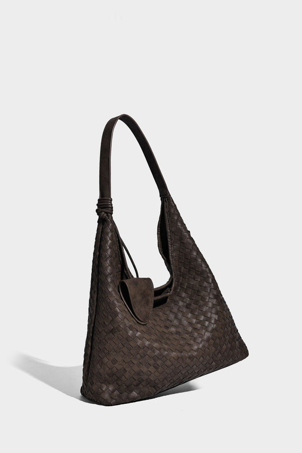 Slouchy woven hobo shoulder bag with knotted strap and matte leather-look textured finish, detail view 24