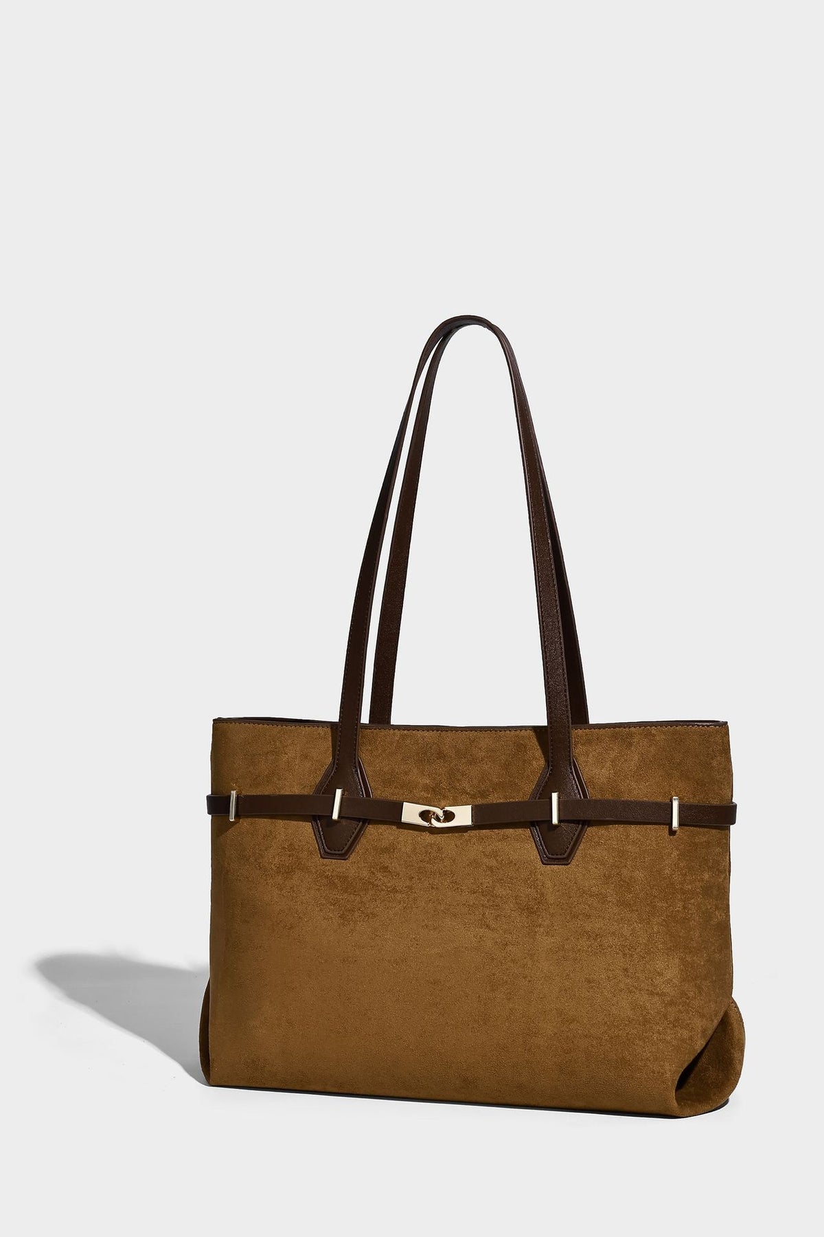 Structured suede-look shopper tote with wraparound belt strap and gold turn-lock clasp, long dark brown shoulder handles