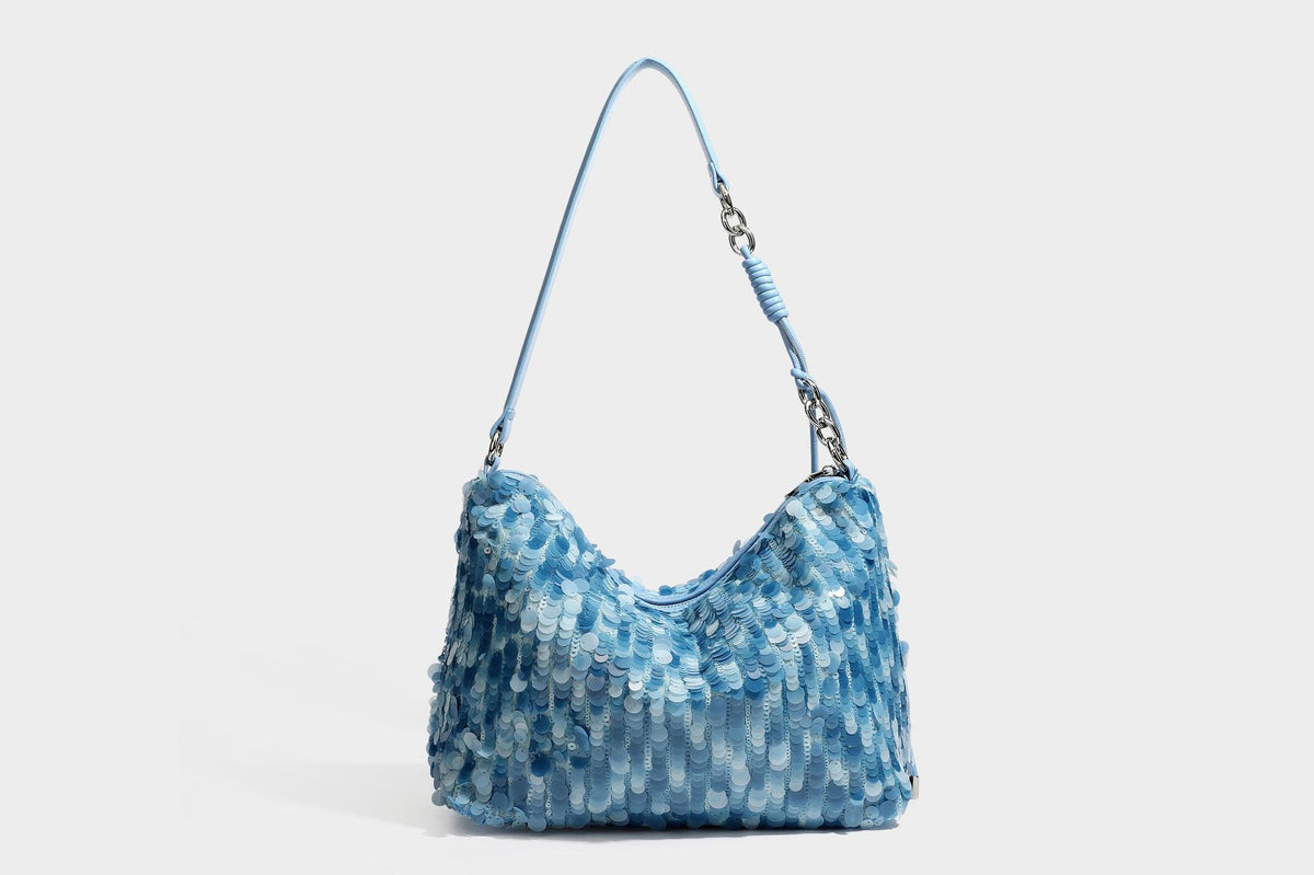 Slouchy paillette sequin hobo shoulder bag with zip closure and adjustable leather-look strap with silver chain hardware