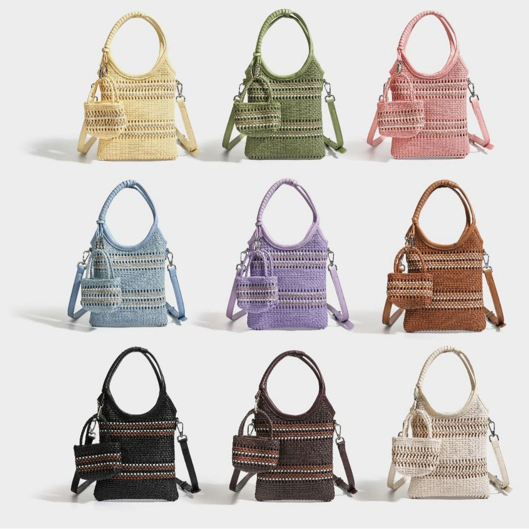 Color-block woven tote bag with rounded leather-look handles, detachable crossbody strap, and matching mini clip-on pouch in