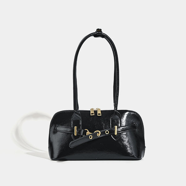 Small structured glossy leather-look shoulder bag with gold-tone buckle hardware and twin top handles, detail view 7