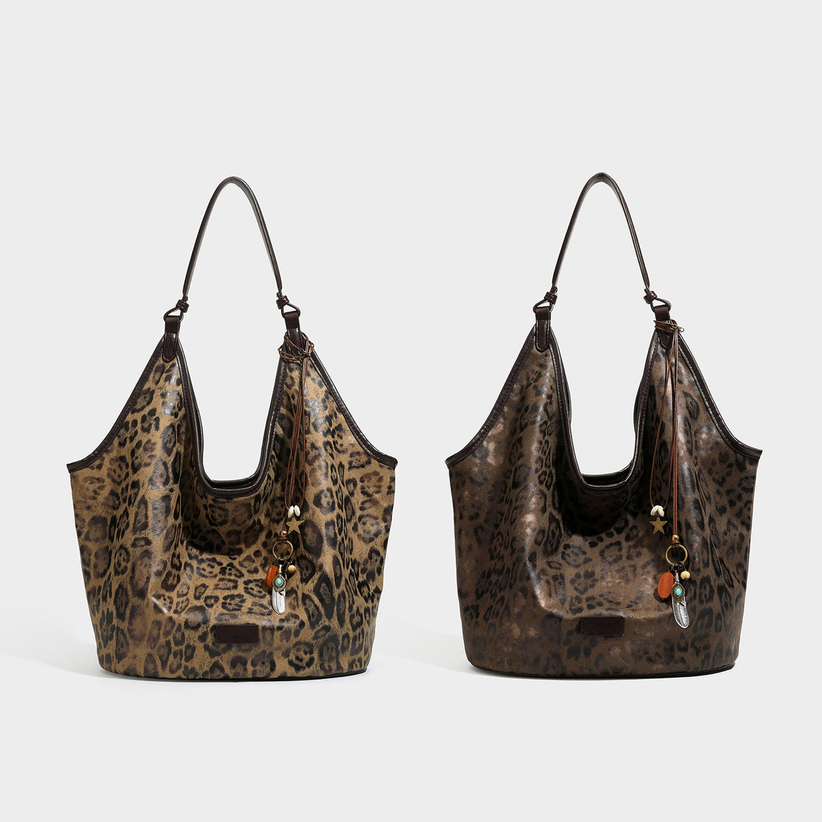 Large slouchy leopard-print shoulder tote bag with glossy tan-and-brown finish, dark brown leather-look trim, single