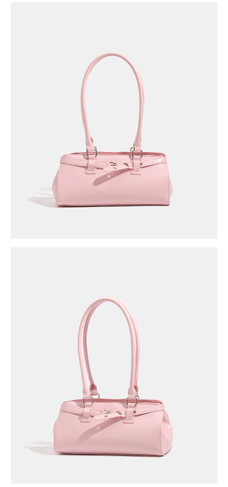 Glossy leather-look baguette shoulder bag with silver-tone hardware and buckle-strap detail, detail view 9