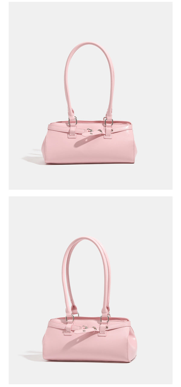 Glossy leather-look baguette shoulder bag with silver-tone hardware and buckle-strap detail, detail view 9