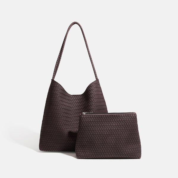 Large woven hobo shoulder bag with braided strap and matching zip pouch in dark brown, detail view 3