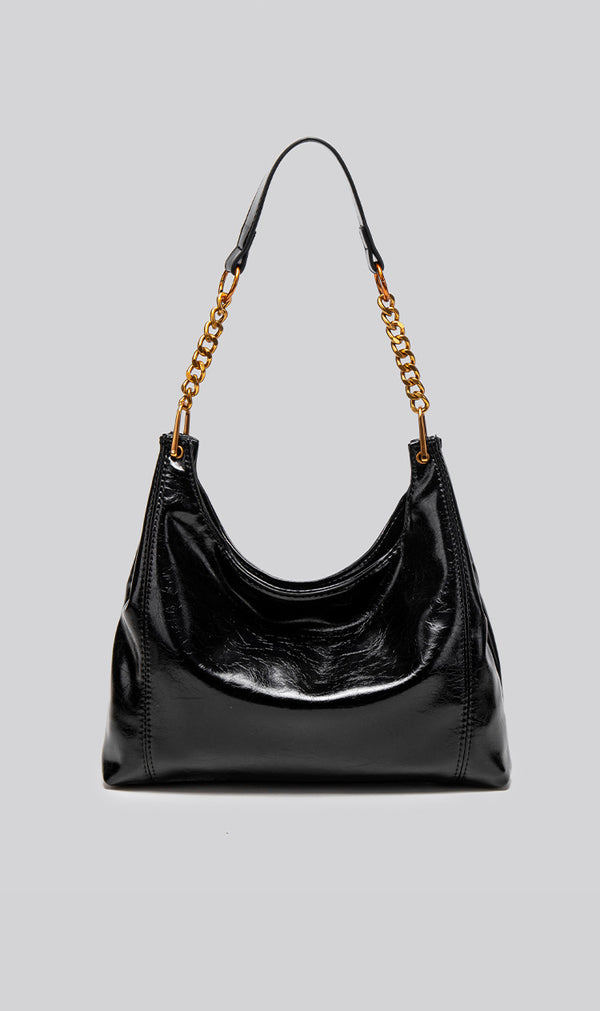 Glossy leather-look hobo shoulder bag with gold-tone chain-and-leather strap in deep burgundy red, detail view 15