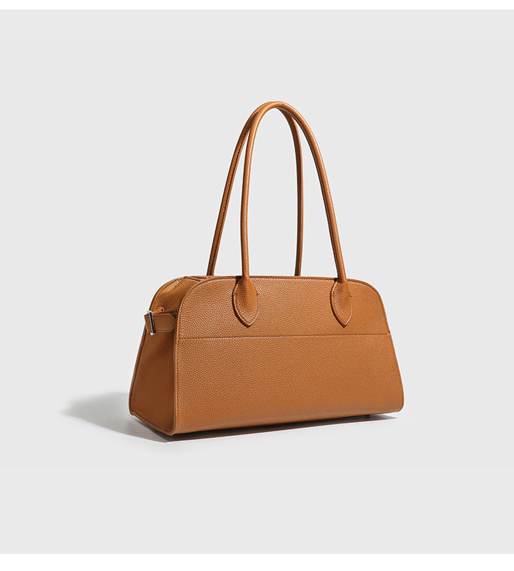 Large structured pebbled leather-look tote bag with double top handles and silver-tone hardware, detail view 14