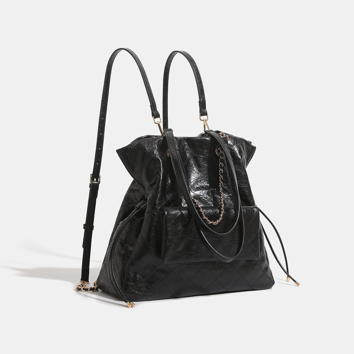 Quilted crinkled leather-look convertible tote backpack with gold-tone chain handles and drawstring closure, detail view 3