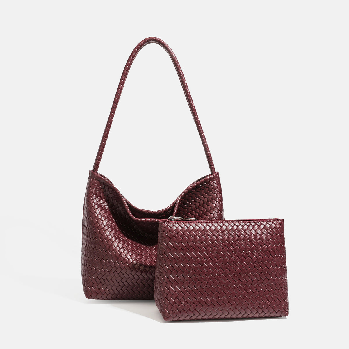 Woven leather-look hobo shoulder bag with braided strap and matching zip pouch, detail view 9