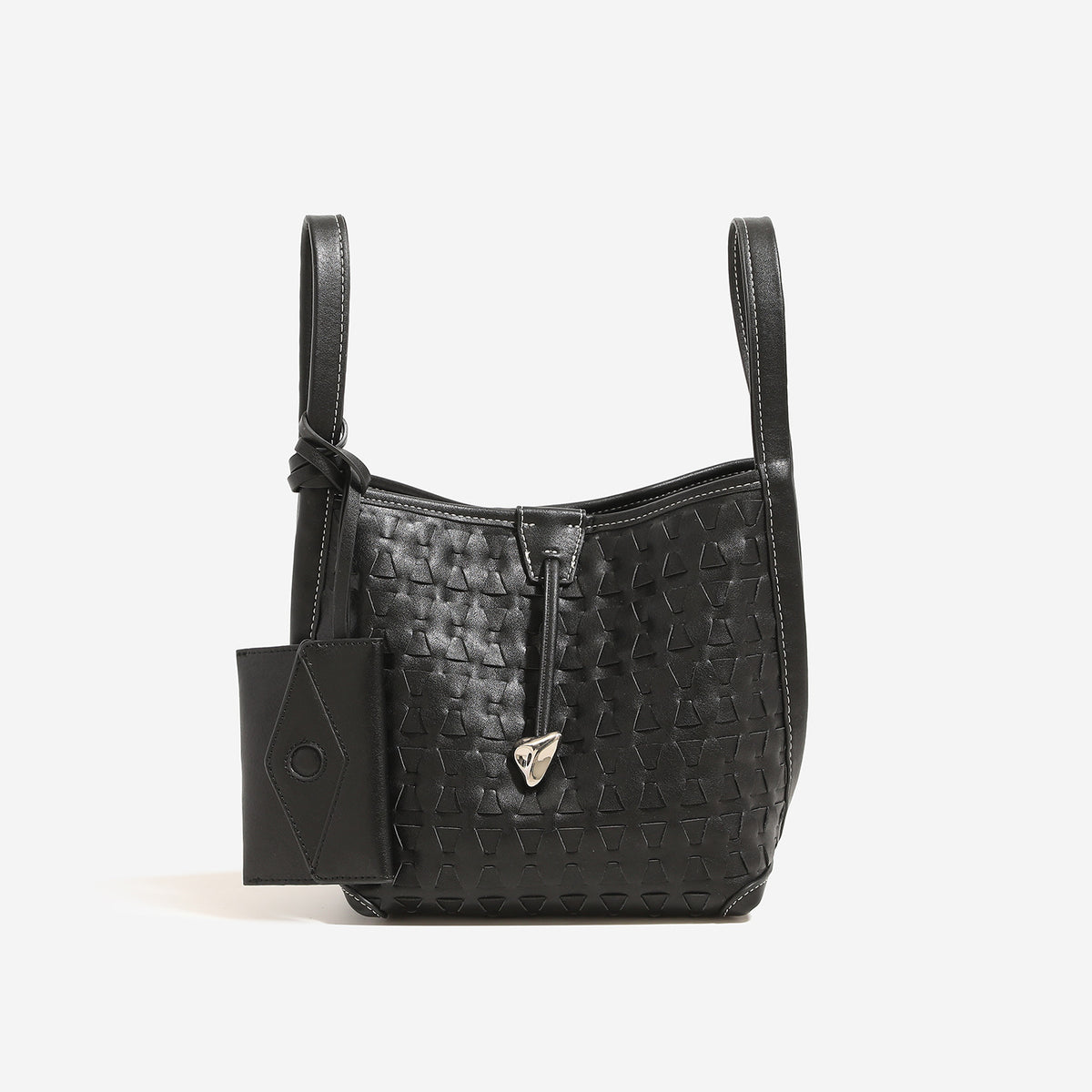 Woven embossed leather-look bucket bag with triangular texture pattern, gold-tone hardware, and attached mini snap pouch