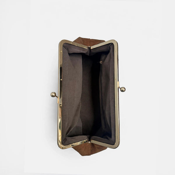 Large matte suede-look kiss-lock frame handbag with gold-tone hardware and detachable shoulder strap, detail view 15