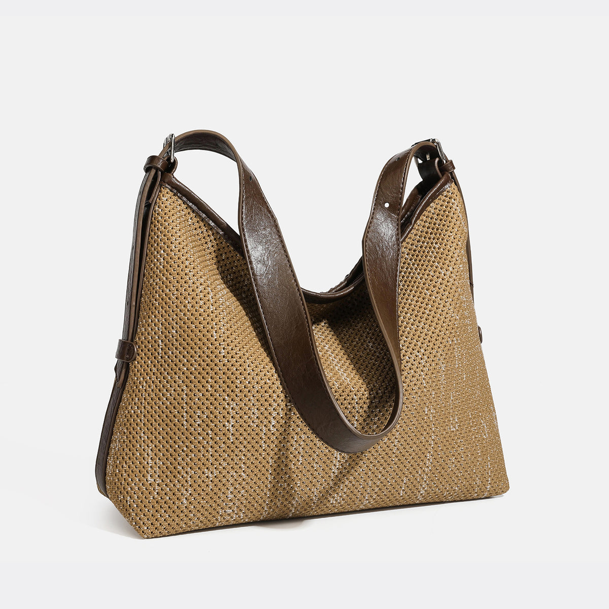 Large slouchy woven shoulder bag with dark brown leather-look trim and adjustable strap, detail view 4
