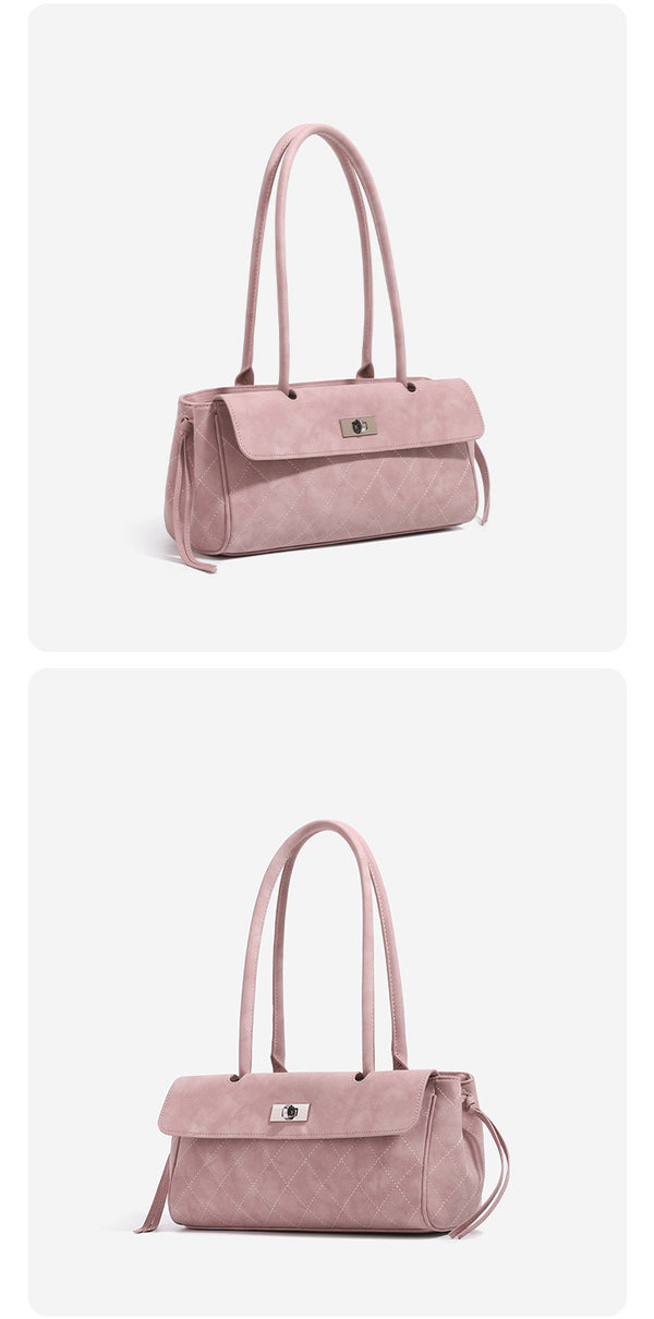 Structured diamond-quilted baguette shoulder bag with gold-tone turn-lock closure and side drawstring ties, detail view 11