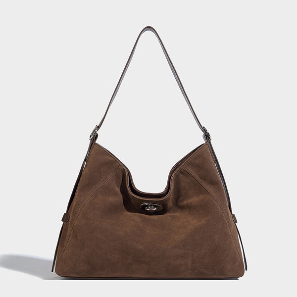 Slouchy hobo shoulder bag with turn-lock flap closure and adjustable strap, detail view 17
