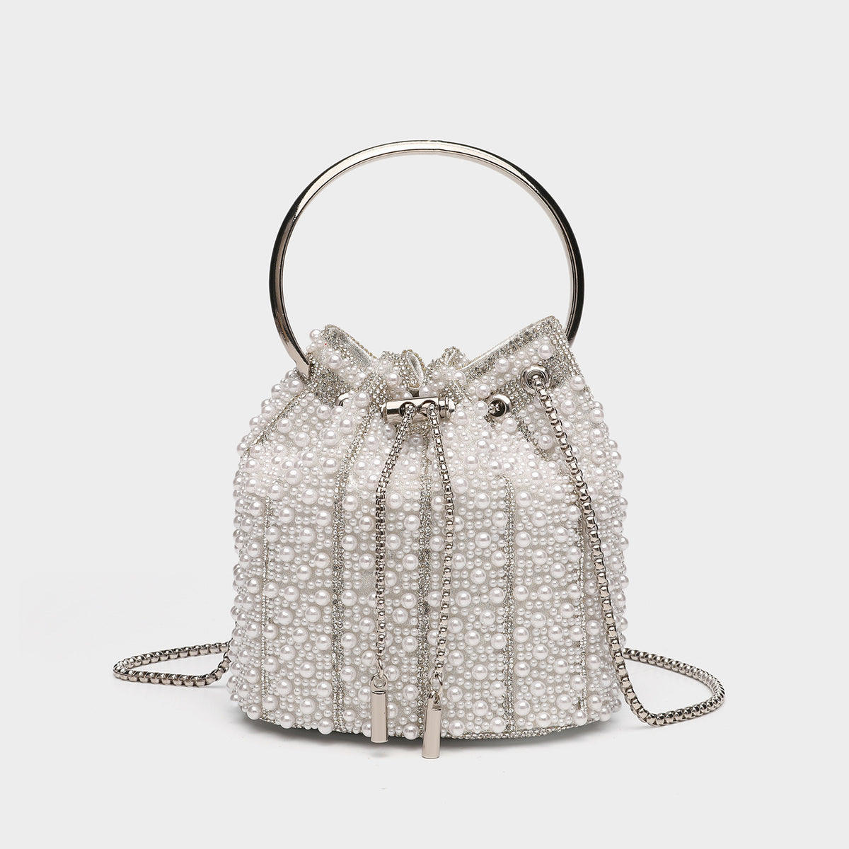 Small pearl-beaded drawstring bucket bag with silver-tone ring top handle and chain shoulder strap, front view